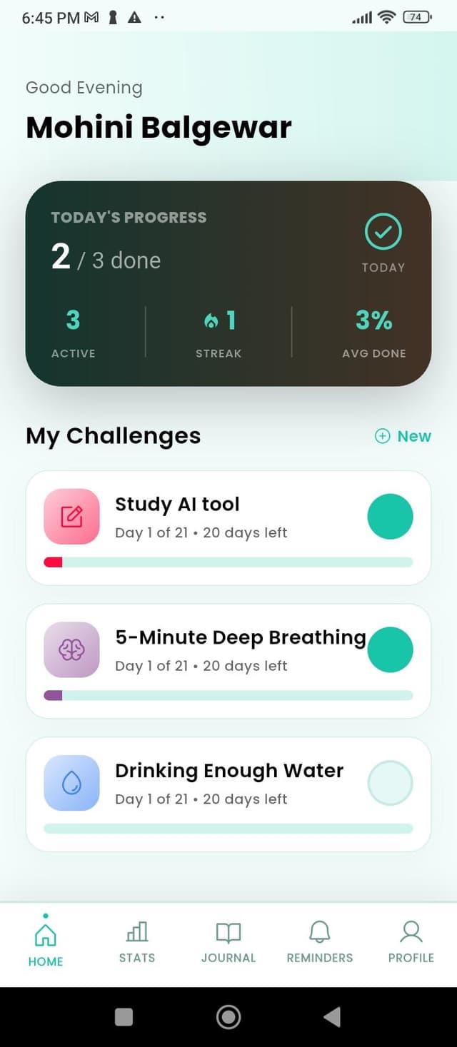 Home screen showing today's progress and challenge list