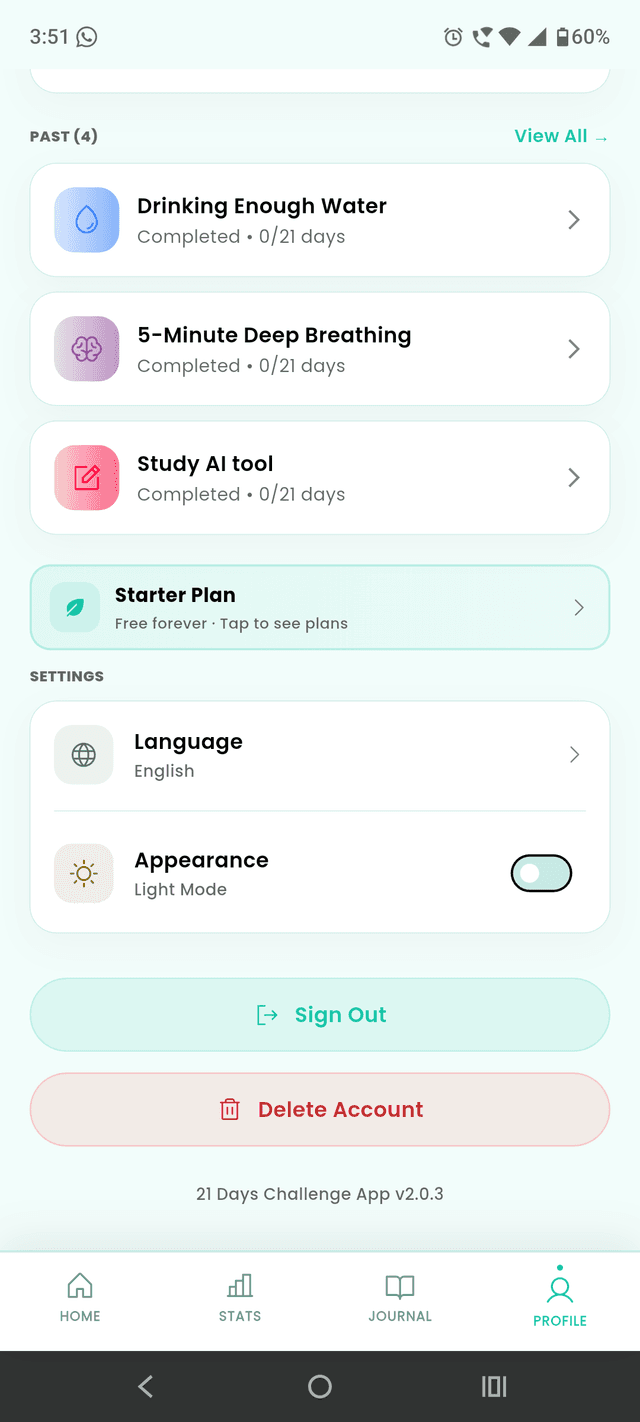 Profile screen with Settings, Sign Out, and Delete Account