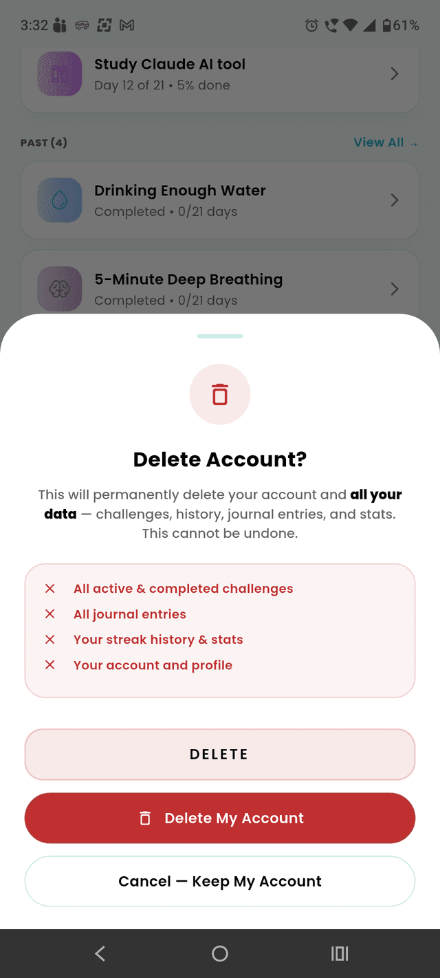 Delete Account confirmation sheet appearing over the Profile screen
